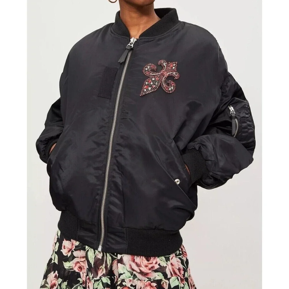 The KOOPLES Black Bomber Jacket‎ fleur de lis Designer Embellished Small NWT